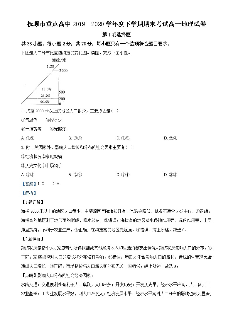 高中地理必修二 精品解析辽宁省抚顺市重点高中2019-2020学年高一下学期期末试题（含答案）01