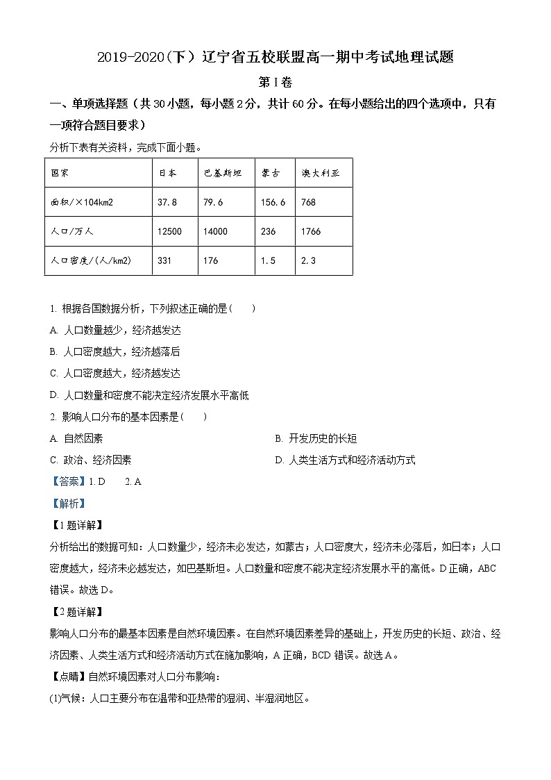 高中地理必修二 精品解析辽宁省五校联盟2019-2020学年高一下学期期中试题（含答案）01