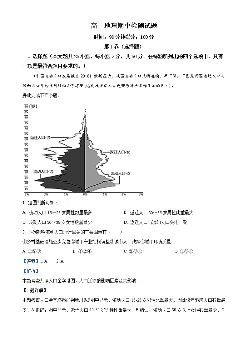 高中地理必修二 精品解析山东省安丘市实验中学2019-2020学年高一下学期期中试题（含答案）第1页