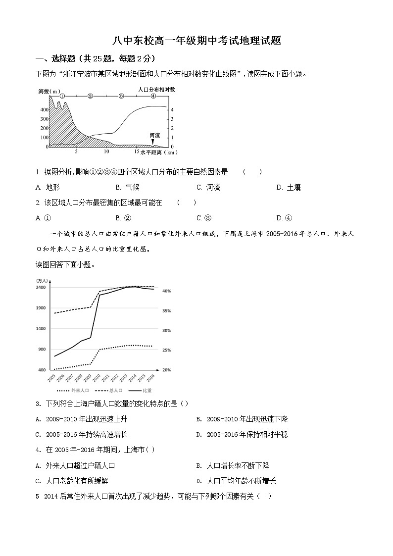 高中地理必修二 精品解析山东省枣庄市第八中学东校区2019-2020学年高一下学期期中试题（无答案）第1页