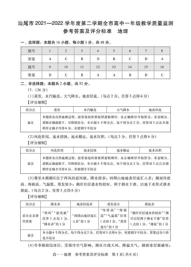2022汕尾高一下学期期末考试地理含答案01