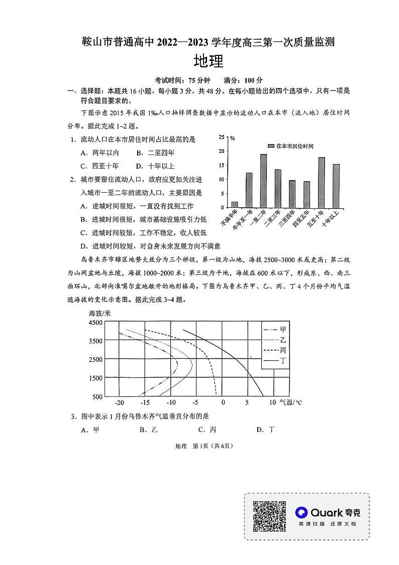 2023鞍山普通高中高三上学期第一次质量监测地理PDF版含答案01