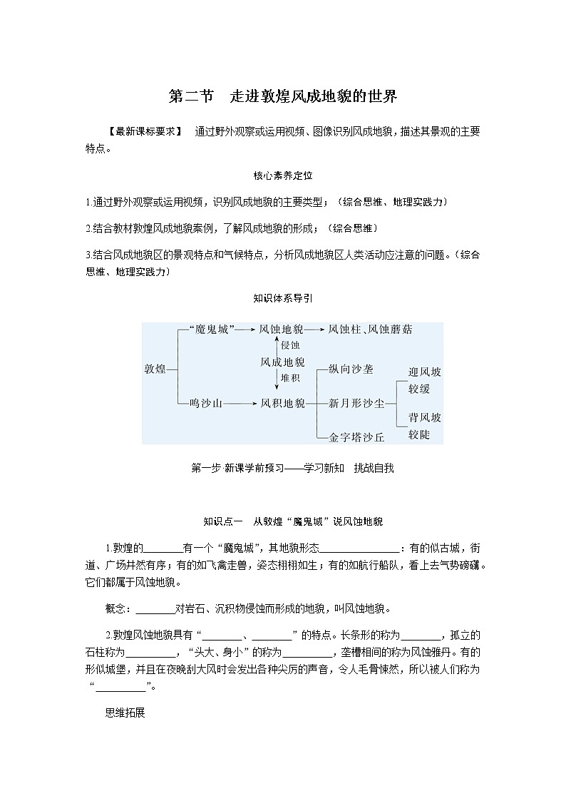 鲁教版高中地理必修第一册3.2走进敦煌风成地貌的世界导学案01