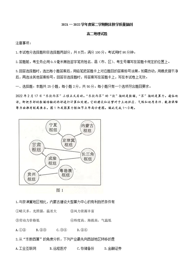 2021-2022学年山东省聊城市高二下学期期末地理试题含解析01
