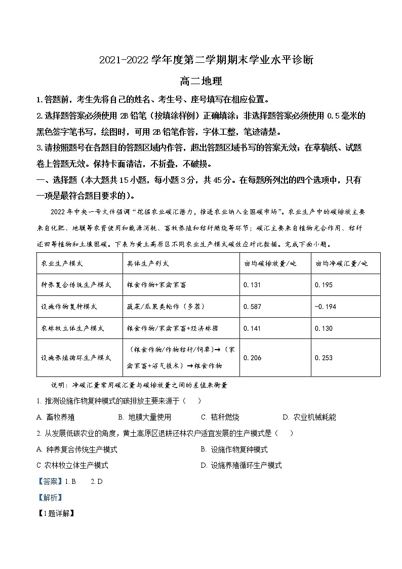 2021-2022学年山东省烟台市高二下学期期末地理试题含解析第1页