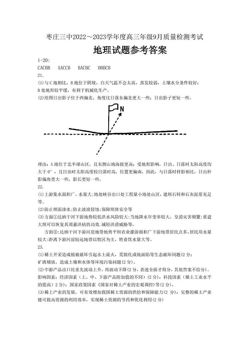 枣庄三中2022～2023学年度高三年级9月质量检测考试 地理答案第1页