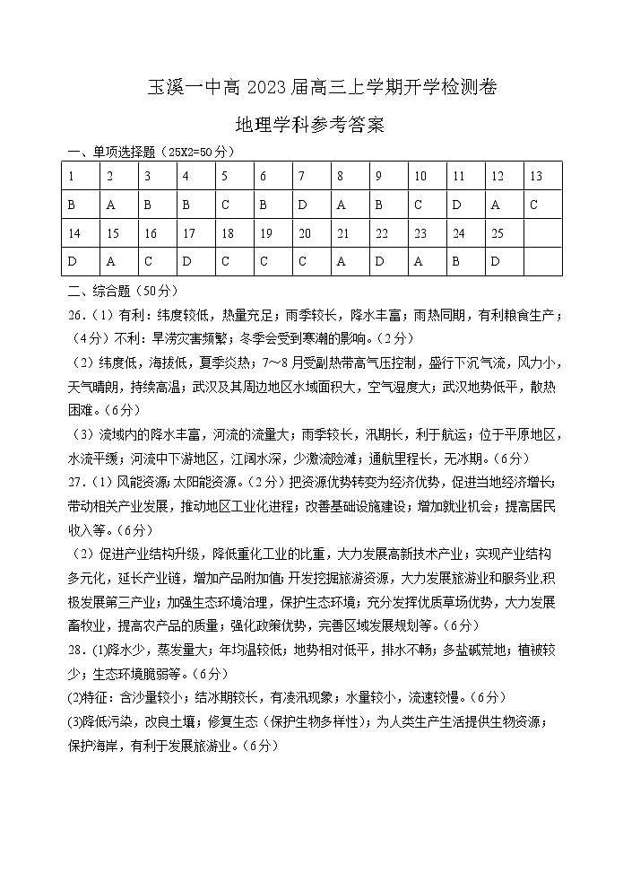 玉溪一中高2023届高三上学期开学检测卷地理答案第1页