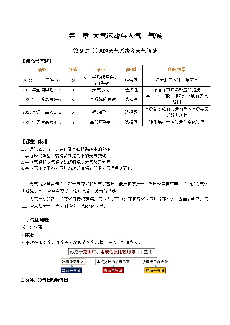 第9讲 常见的天气系统和天气解读（讲义）-2023年高考地理一轮复习讲练测（新教材新高考）01