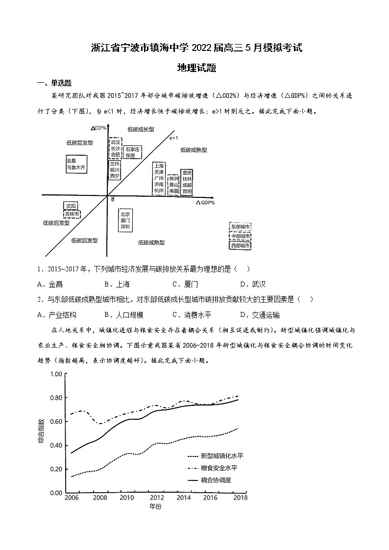 2022届浙江省宁波市镇海中学高三5月模拟考试地理试题Word版含答案01