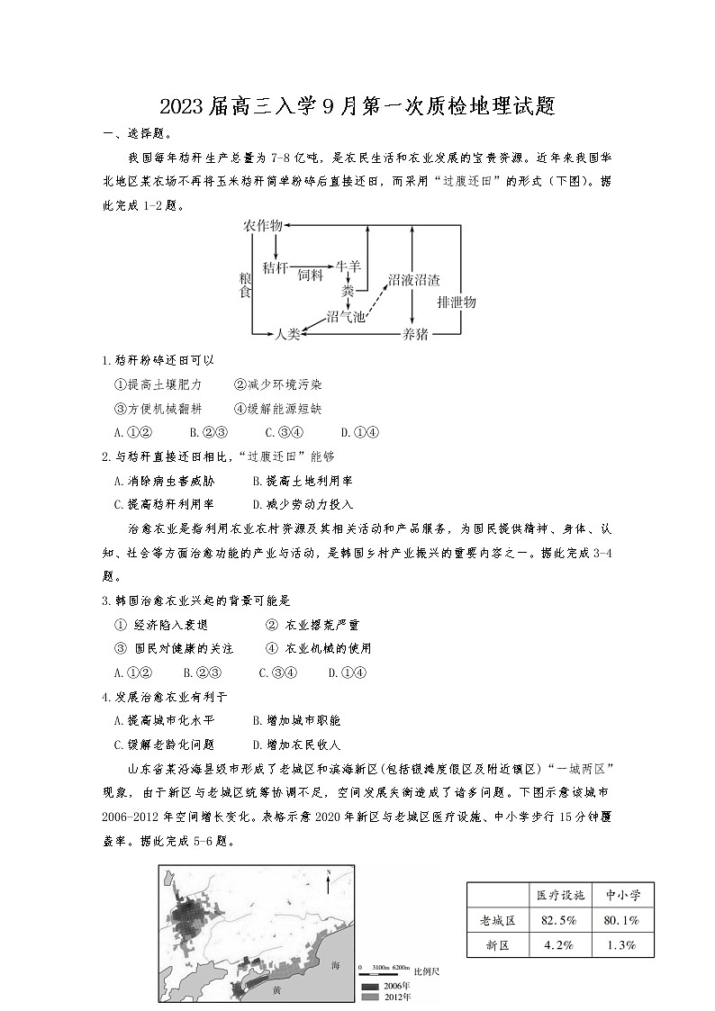 山东省临朐县海岳中学2022-2023学年高三入学9月第一次质检地理试题（Word版附答案）第1页