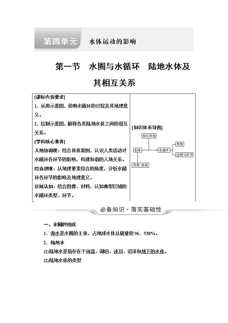 鲁教版高考地理一轮总复习第4单元第1节水圈与水循环陆地水体及其相互关系课时学案第1页