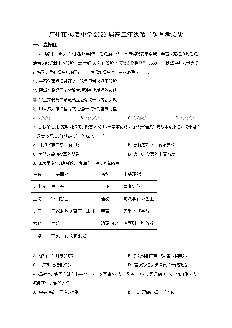 广东省广州市执信中学2023届高三历史上学期第二次月考试题（Word版附答案）第1页