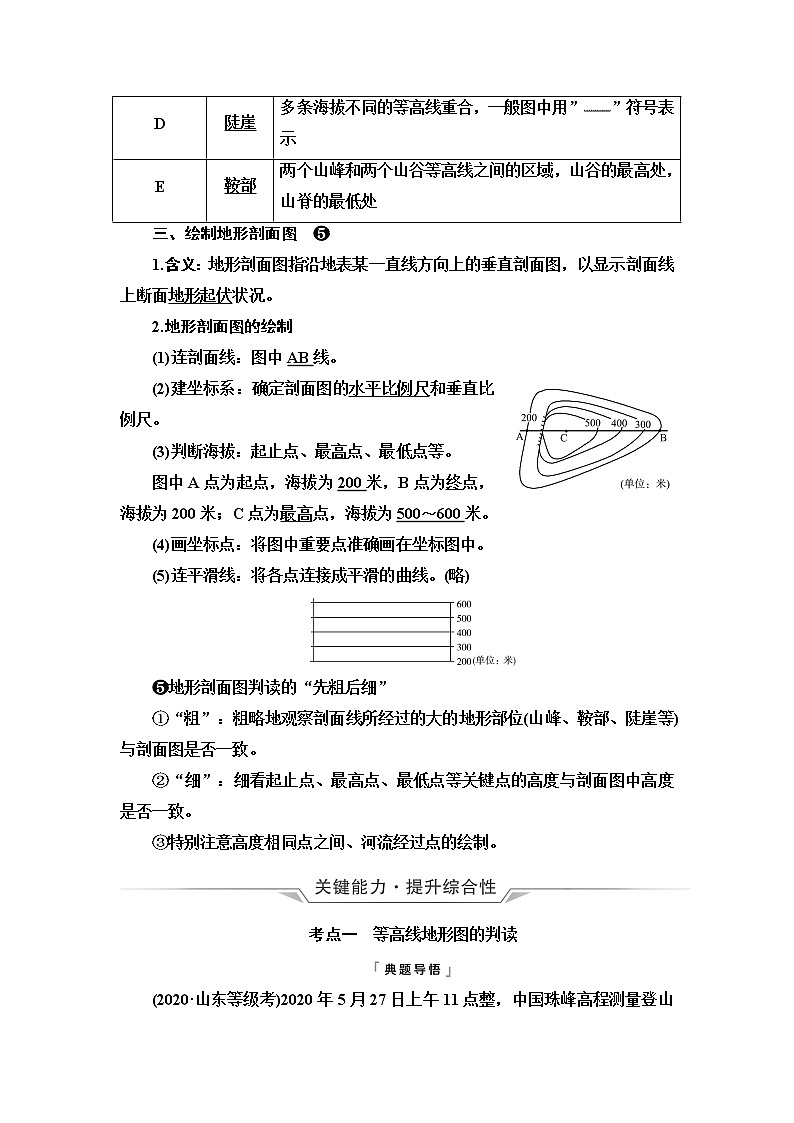 人教版高考地理一轮总复习第1章第2节等高线地形图和地形剖面图学案第3页