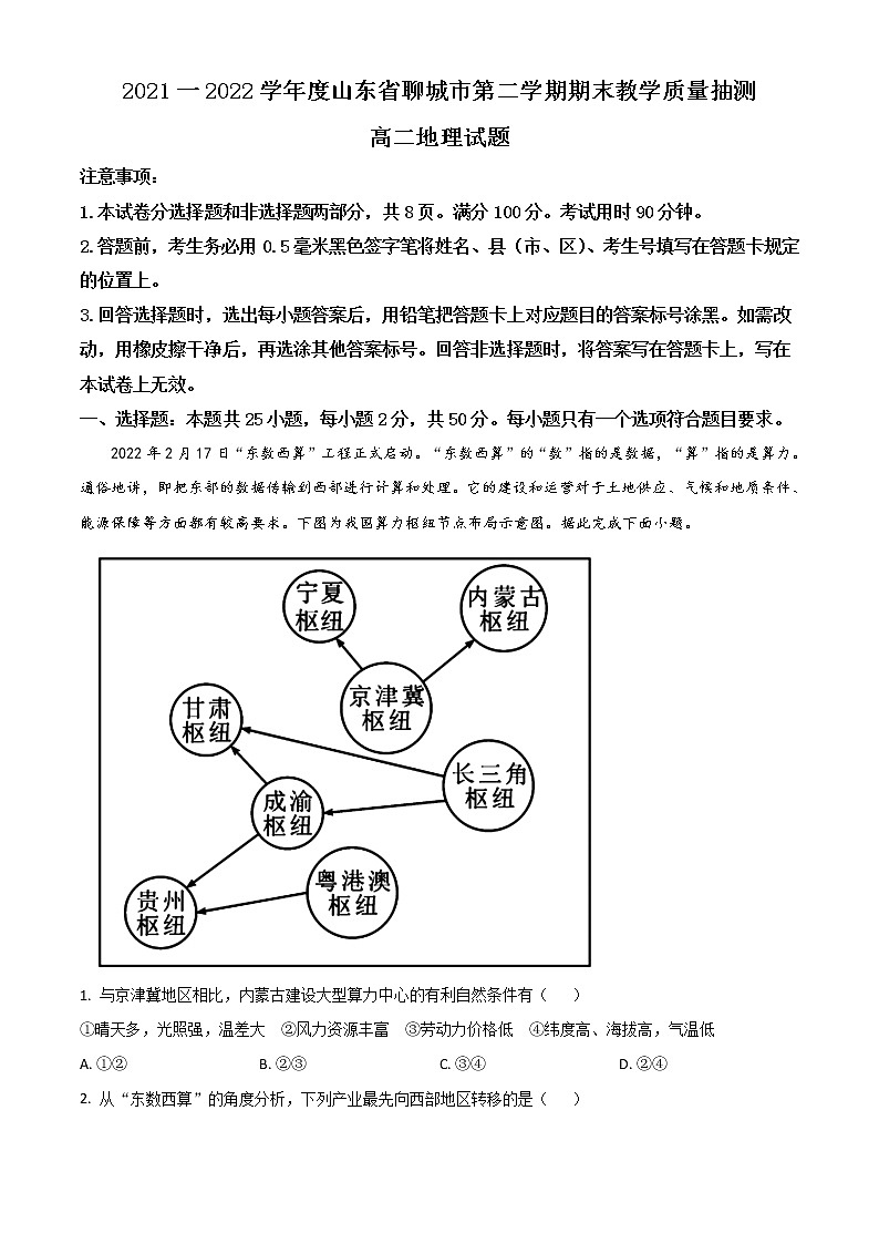 2021-2022学年山东省聊城市高二下学期期末地理试题含解析01