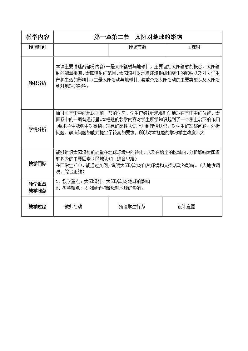 1.2太阳对地球的影响教学设计01