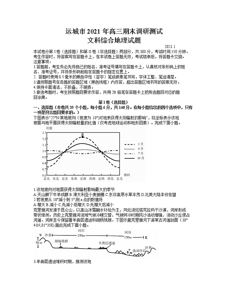 2021运城高三上学期期末考试文科综合地理试题含答案01