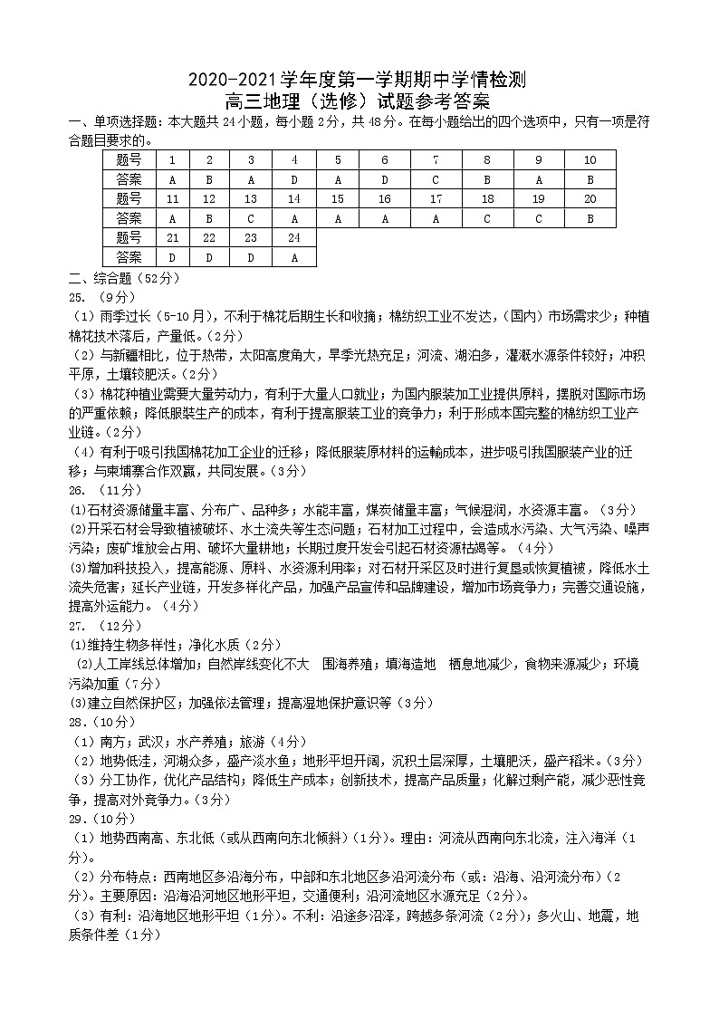 2021南通如东县高三上学期期中地理含答案 试卷01