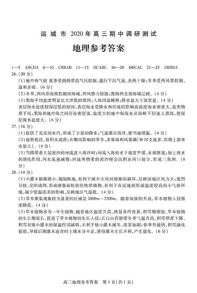 2021运城高三上学期期中地理试题扫描版含答案01