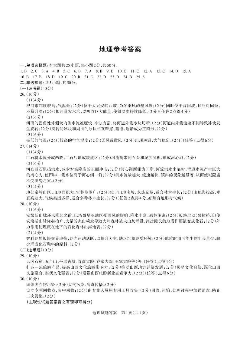 山西省2021届高三阶段性测试地理答案（PDF版）第1页