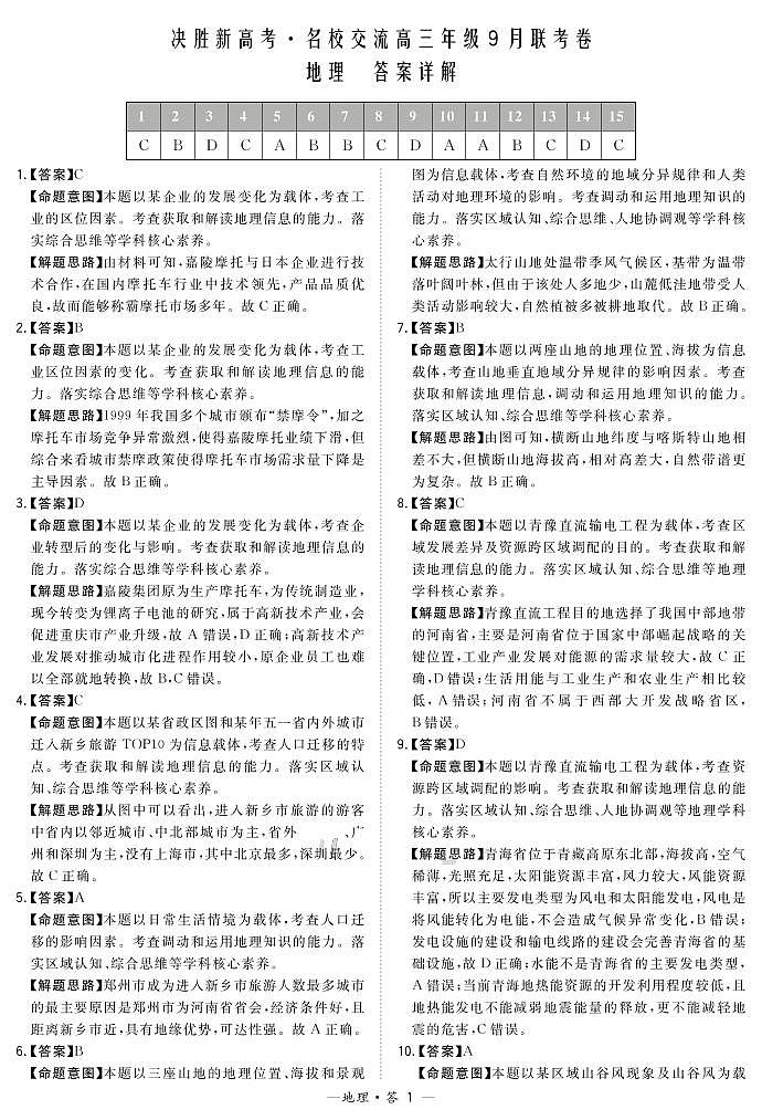 2021决胜新高考・名校交流高三9月联考卷地理含答案01