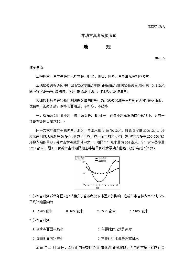 2020潍坊高三高考模拟（二模）考试地理试题含答案第1页