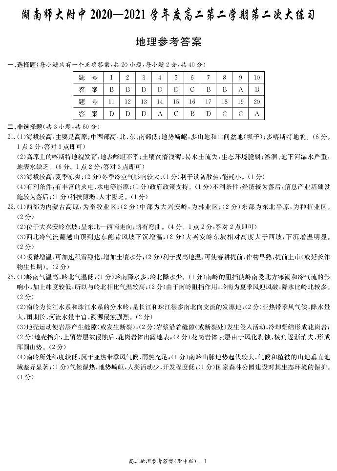 湖南师范大学附属中学2020-2021学年高二下学期第二次月考地理答案第1页