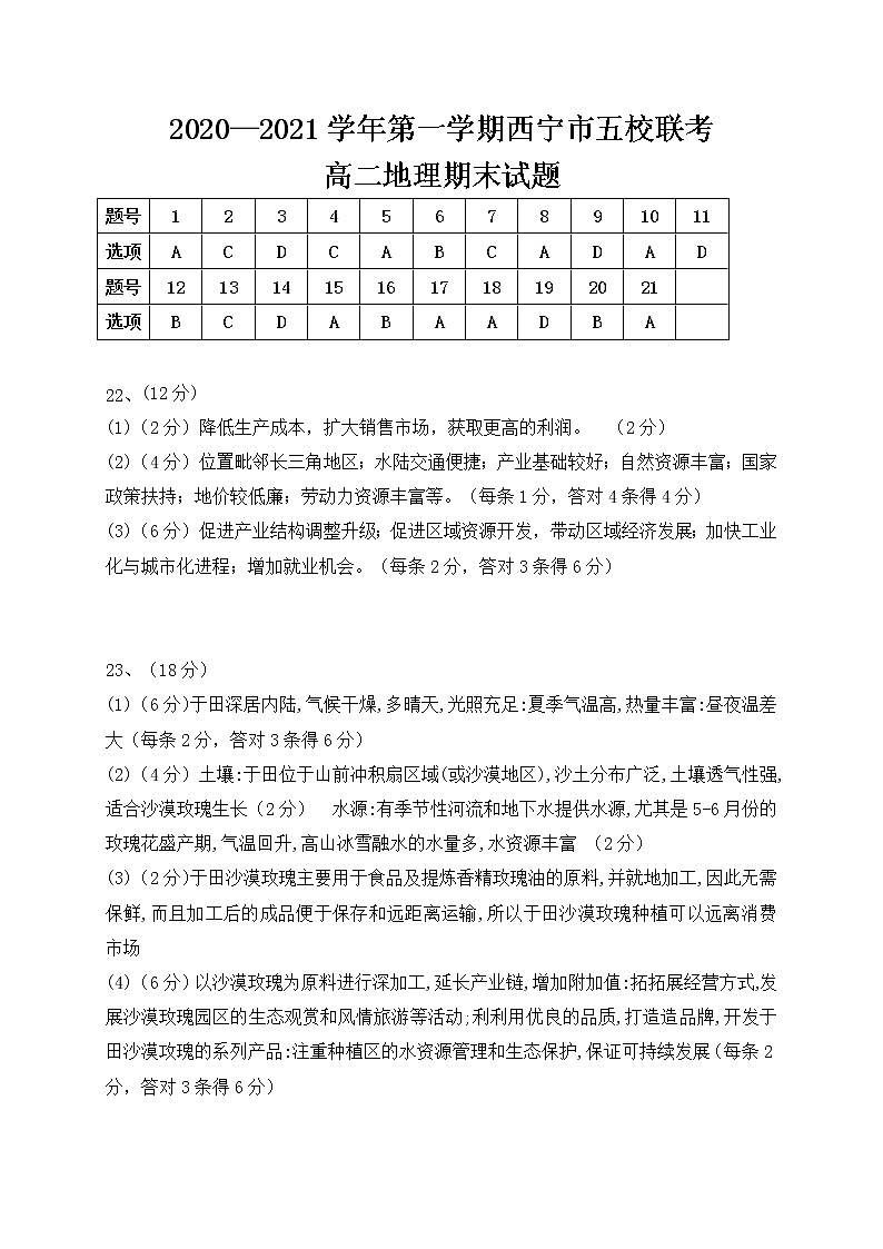 青海省西宁市普通高中五校2020-2021学年高二上学期期末联考地理答案第1页