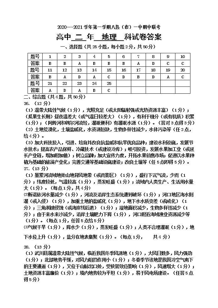 2020-2021学年第一学期高二地理期中考试答案第1页