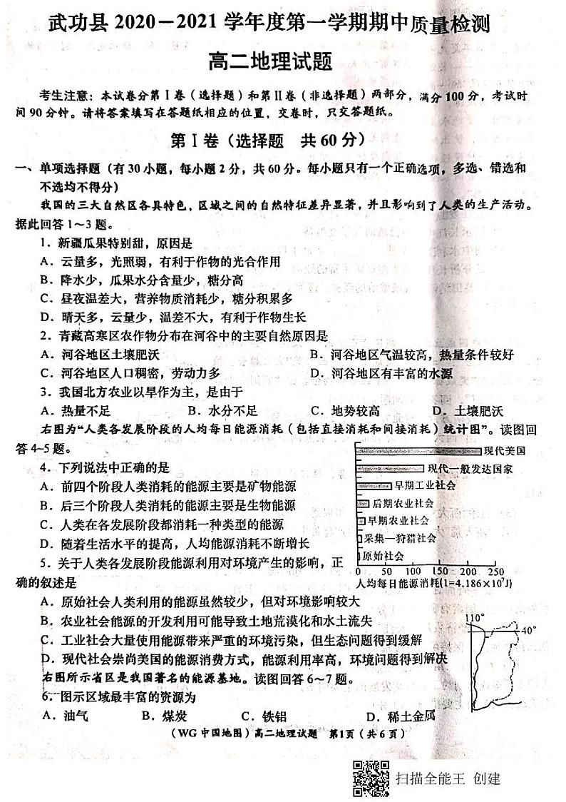2021咸阳武功县高二上学期期中考试地理试题扫描版含答案01