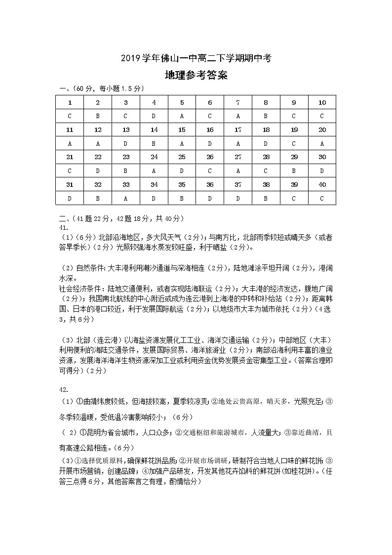 2020佛山一中高二下学期期中考试地理（选考）含答案01