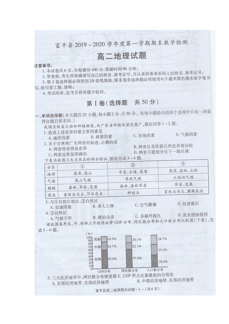 2020富平县高二上学期期末检测地理试题扫描版含答案01