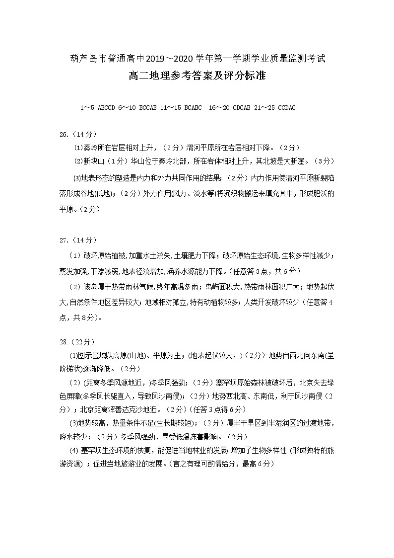 高二地理参考答案及评分标准第1页