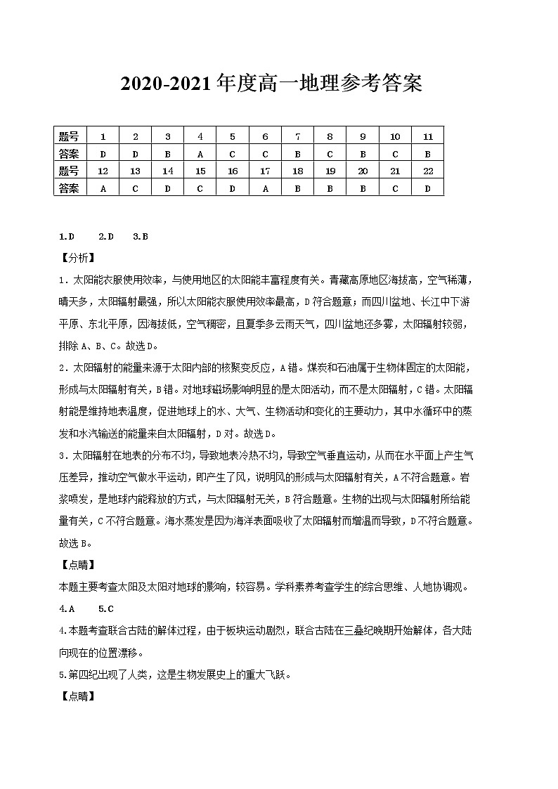 2021高一上学期期末地理含答案 试卷01