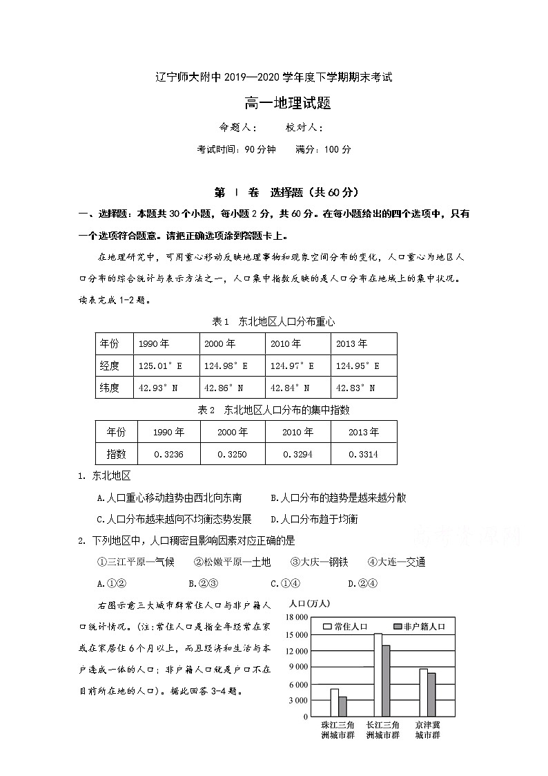 2020辽宁师大附中高一下学期期末考试地理试题含答案第1页