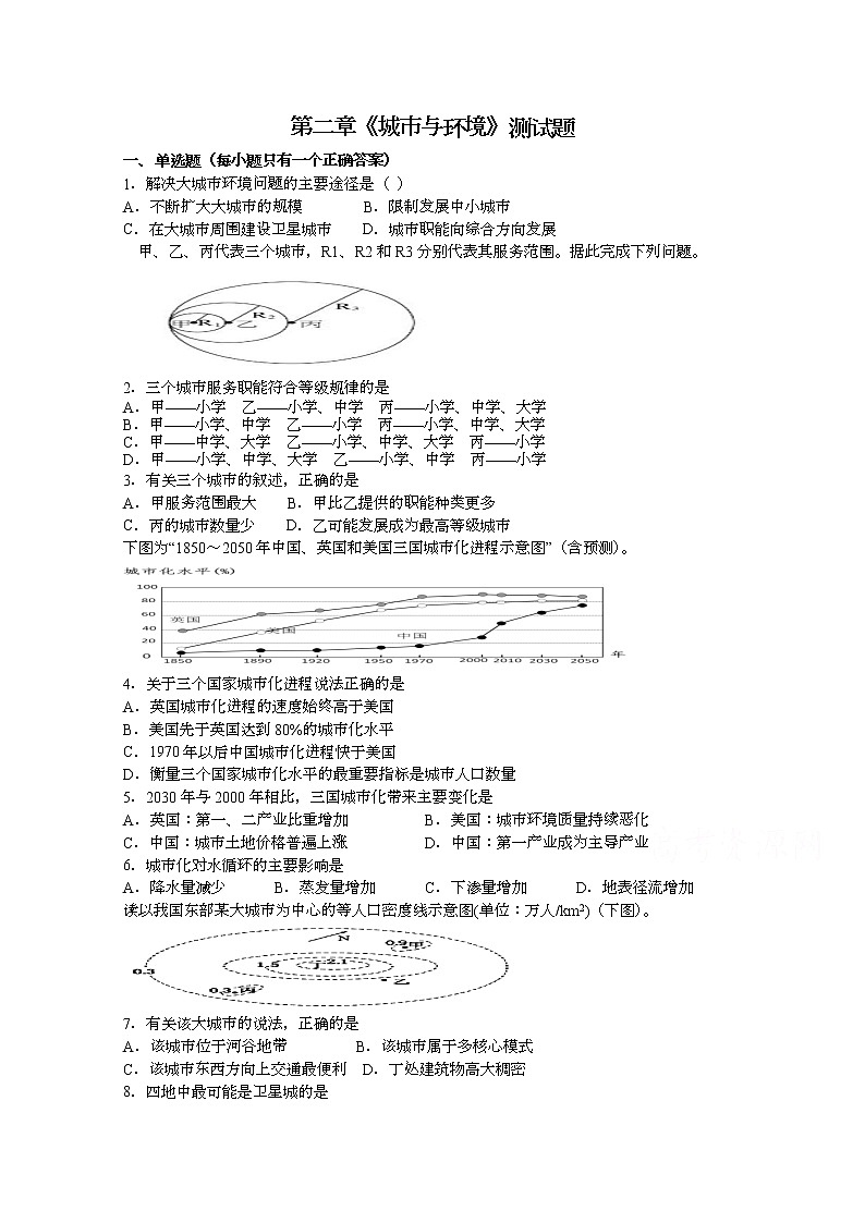 2020益阳箴言中学高一下学期周考试题（5月）地理第二章《城与环境》含答案01