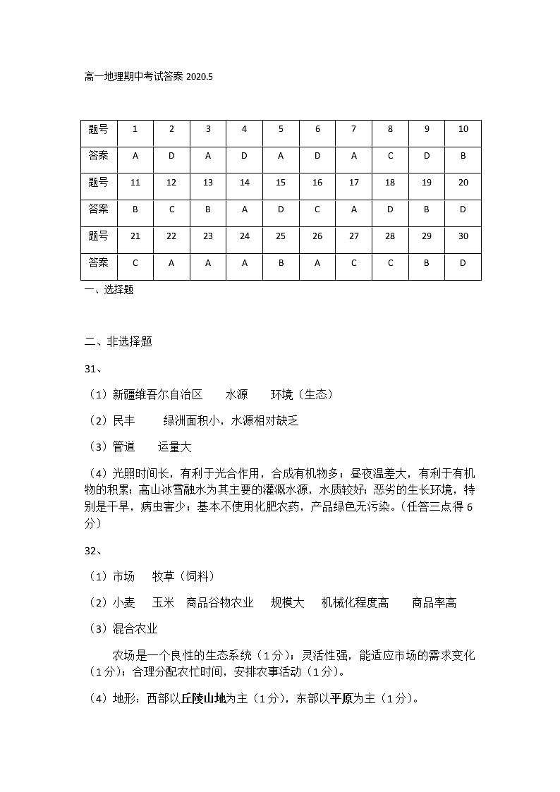 2020浙江省诸暨中学高一下学期期中考试地理（选考）含答案01