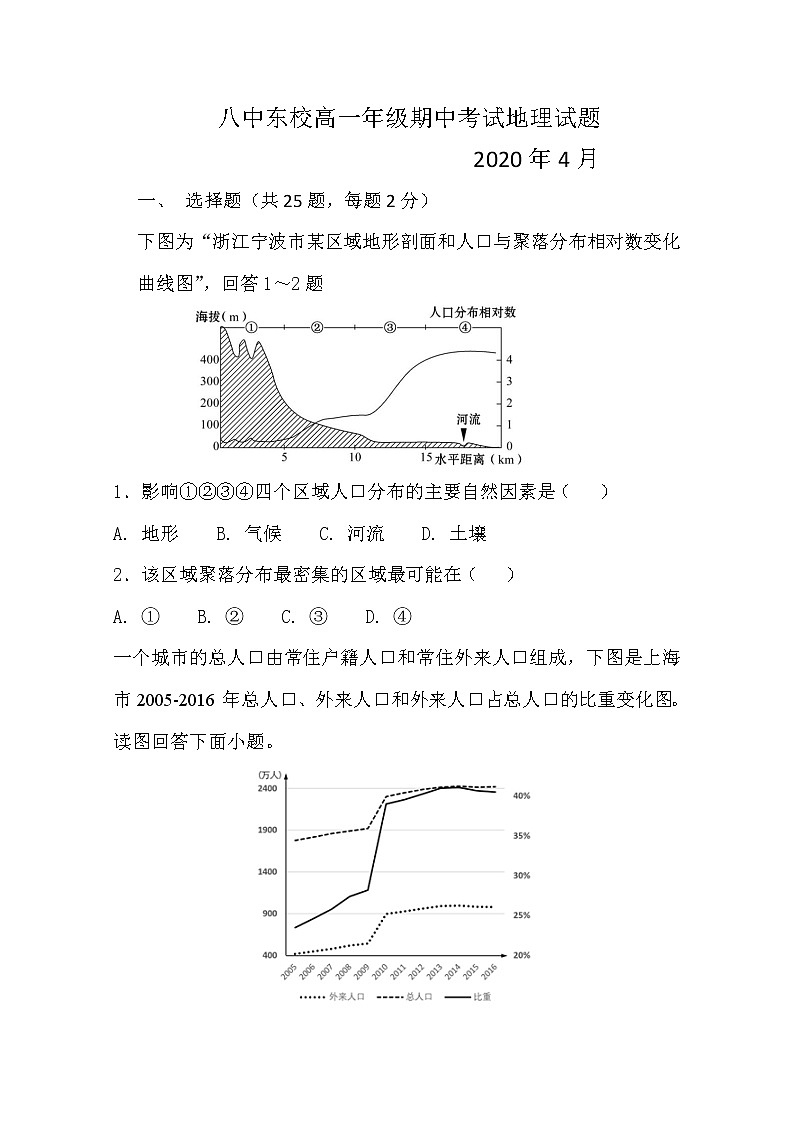 2020枣庄八中东校区高一下学期期中考试地理试题含答案01