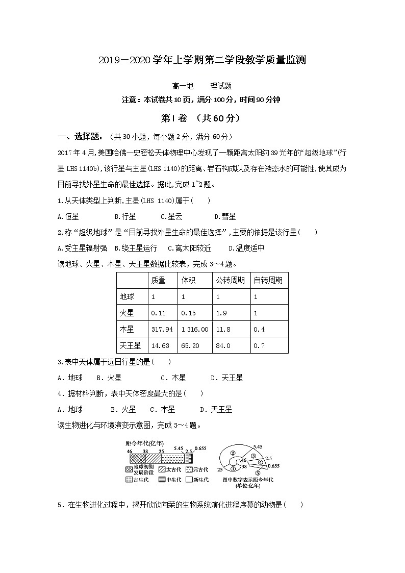 2020微山县二中高一上学期第二学段质量检测地理试卷含答案第1页