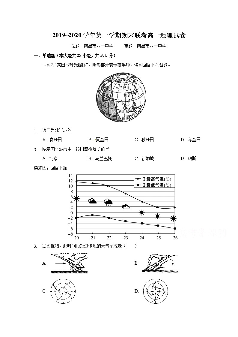 2020南昌八一中学、洪都中学等六校高一上学期期末联考地理试题含答案01