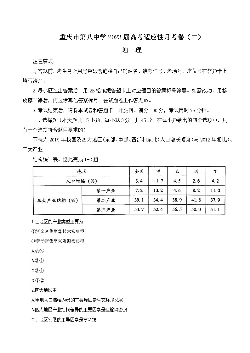2023届重庆市第八中学校高三上学期高考适应性月考卷（二）地理试题 无答案第1页