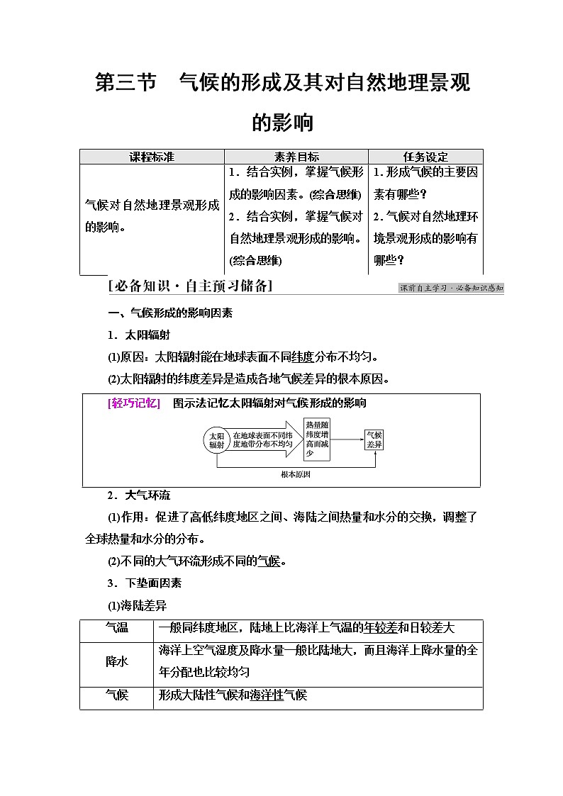 中图版高中地理选择性必修1第3章第3节气候的形成及其对自然地理景观的影响学案第1页