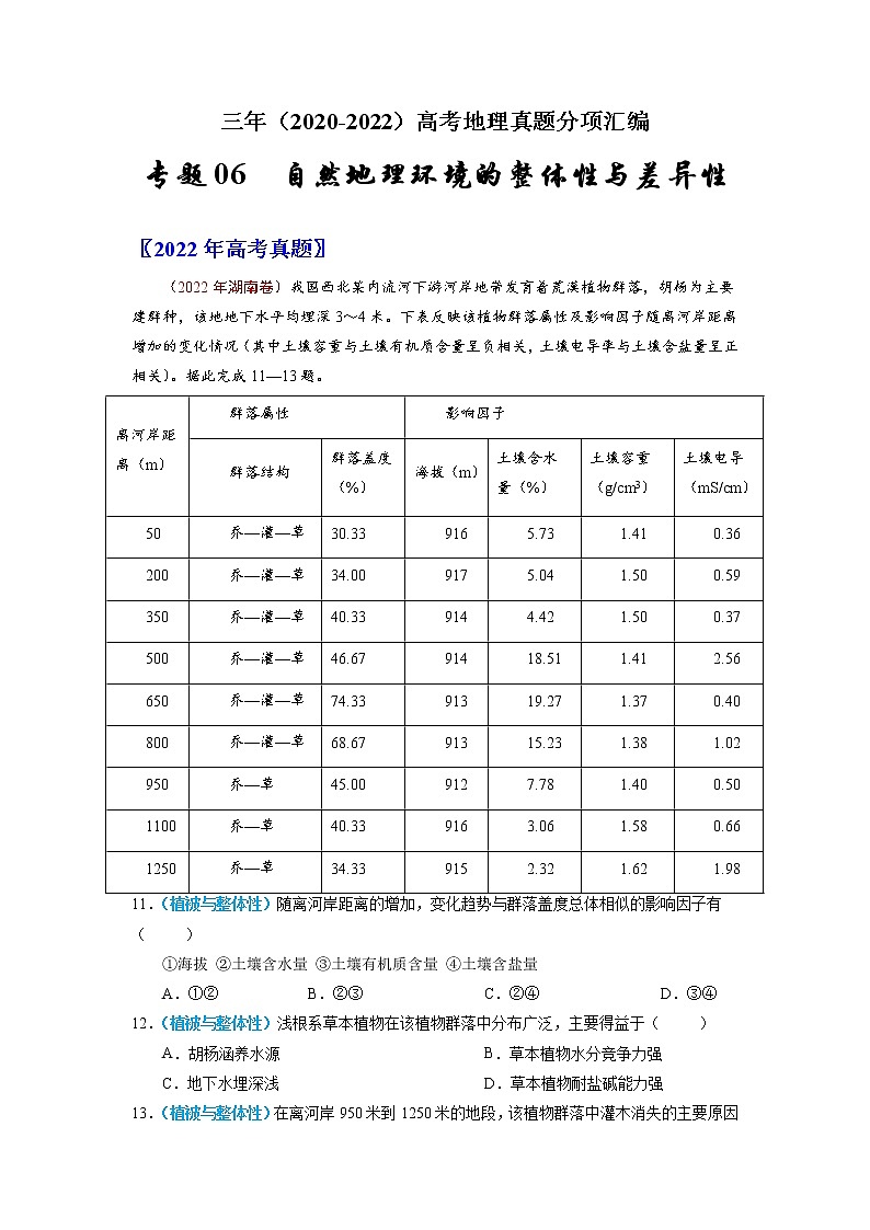 【高考三年真题】最新三年地理高考真题分项汇编——专题06《自然地理环境的整体性与差异性》（2023新高考地区专用）01