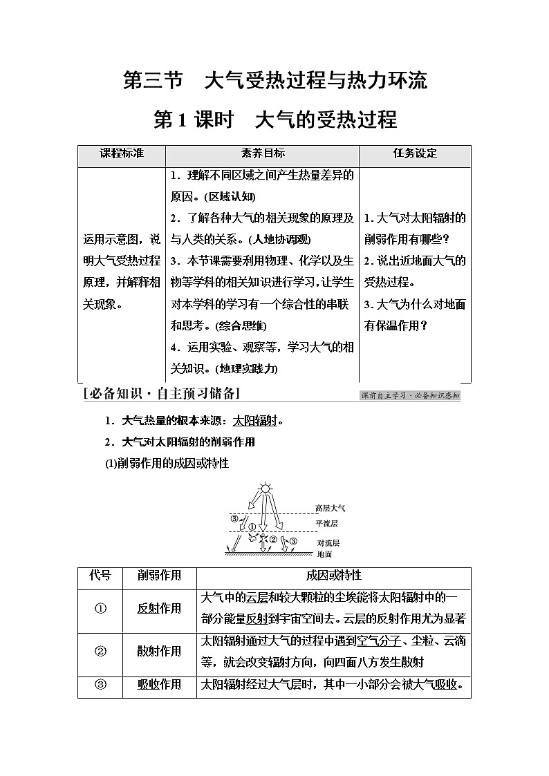 中图版高中地理必修第一册第2章第3节第1课时大气的受热过程学案第1页