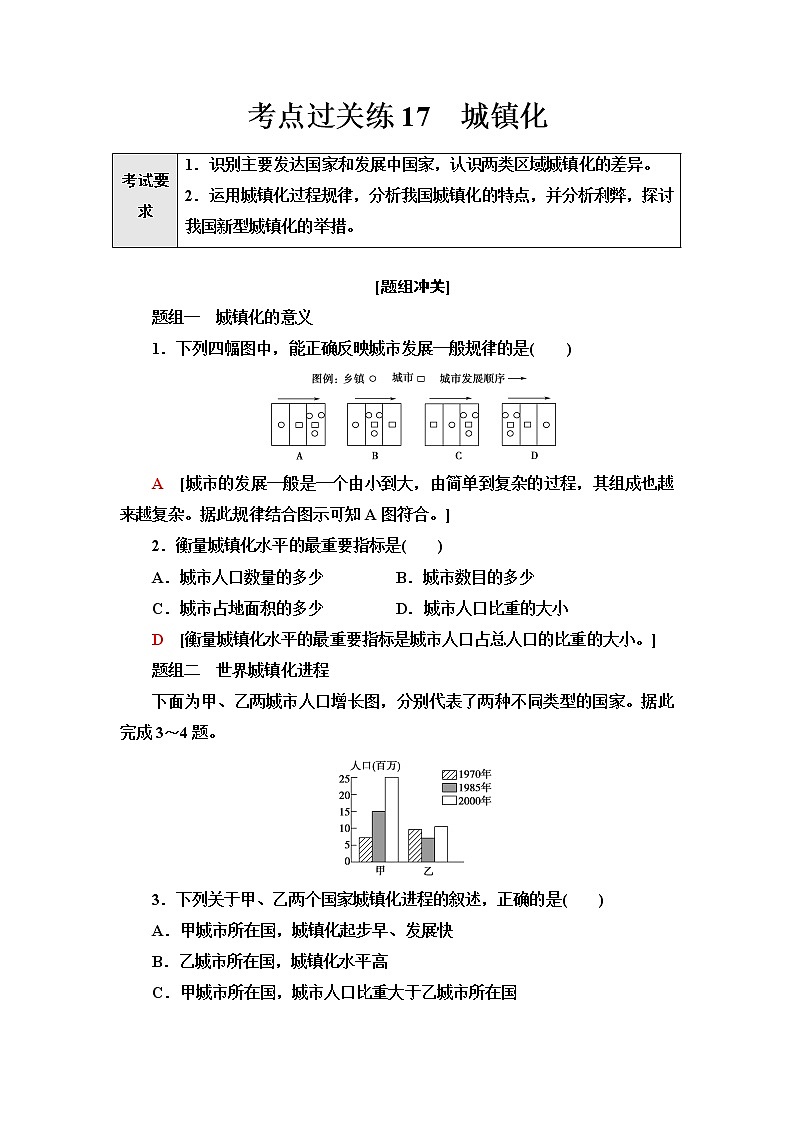 普通高中地理学业水平合格性考试考点过关练17城镇化含答案01