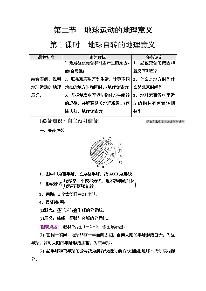 中图版高中地理选择性必修1第1章第2节第1课时地球自转的地理意义课件+学案+练习含答案01