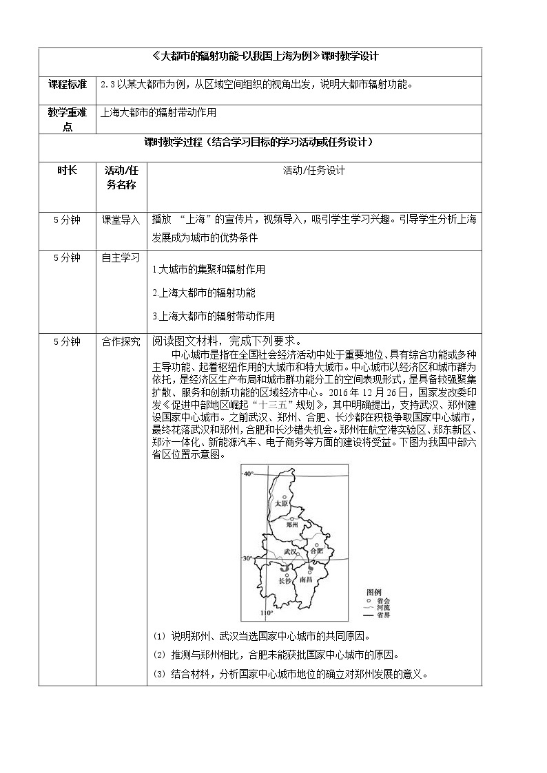 2.1大都市的辐射功能-以我国上海为例 教案-高中地理湘教版（2019）选择性必修201