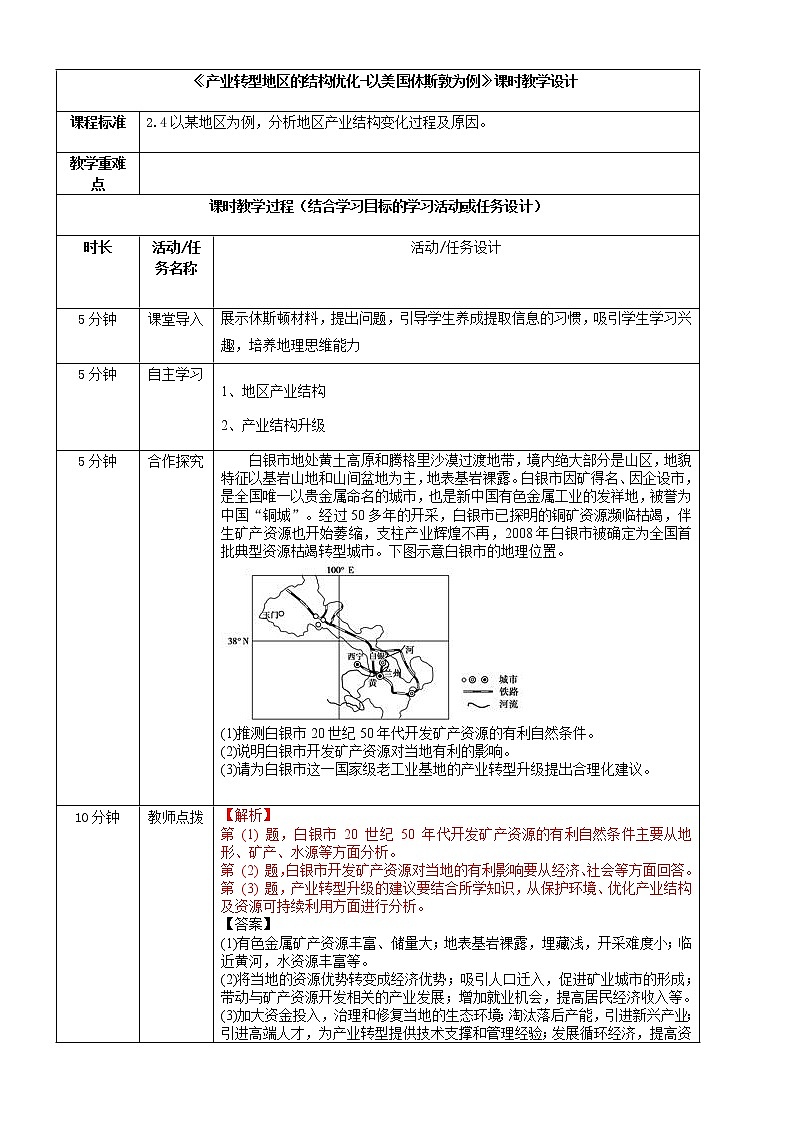 2.2产业转型地区的结构优化-以美国休斯敦为例 教案-高中地理湘教版（2019）选择性必修201