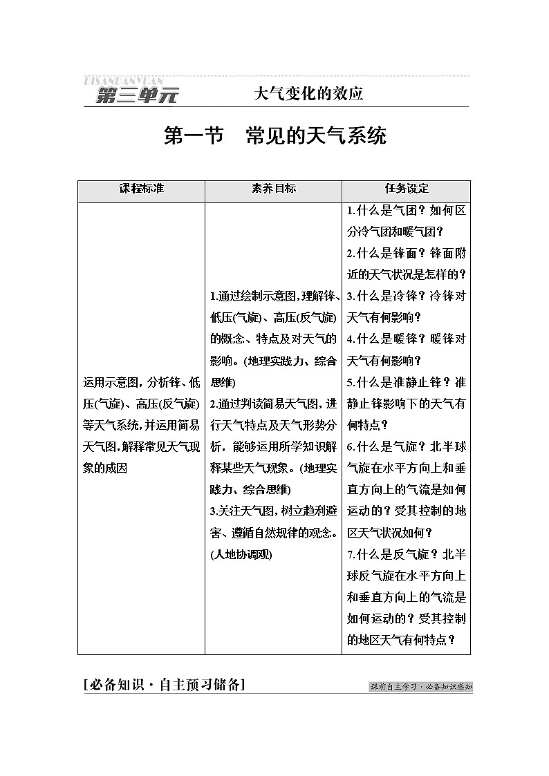 鲁教版高中地理选择性必修1第3单元第1节常见的天气系统学案第1页