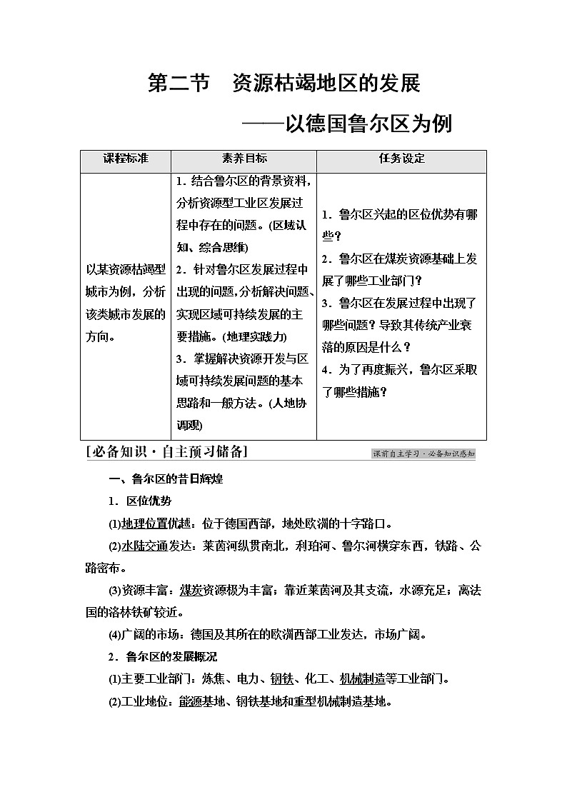 鲁教版高中地理选择性必修2第2单元第2节资源枯竭地区的发展——以德国鲁尔区为例课件+学案+练习含答案01