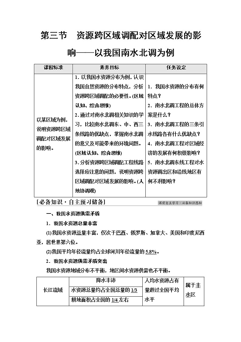 鲁教版高中地理选择性必修2第3单元第3节资源跨区域调配对区域发展的影响——以我国南水北调为例课件+学案+练习含答案01